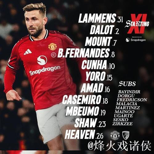 曼联vs伯恩茅斯：姆伯莫搭档库尼亚，B费、卡塞米罗出战